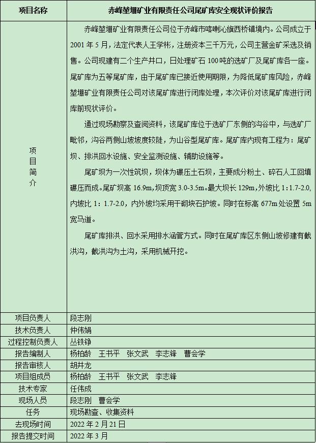 赤峰堃堋礦業(yè)有限責(zé)任公司尾礦庫安全現(xiàn)狀評價報告