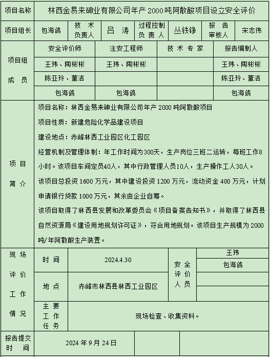 林西金易來砷業(yè)有限公司年產2000噸阿散酸項目設立安全評價